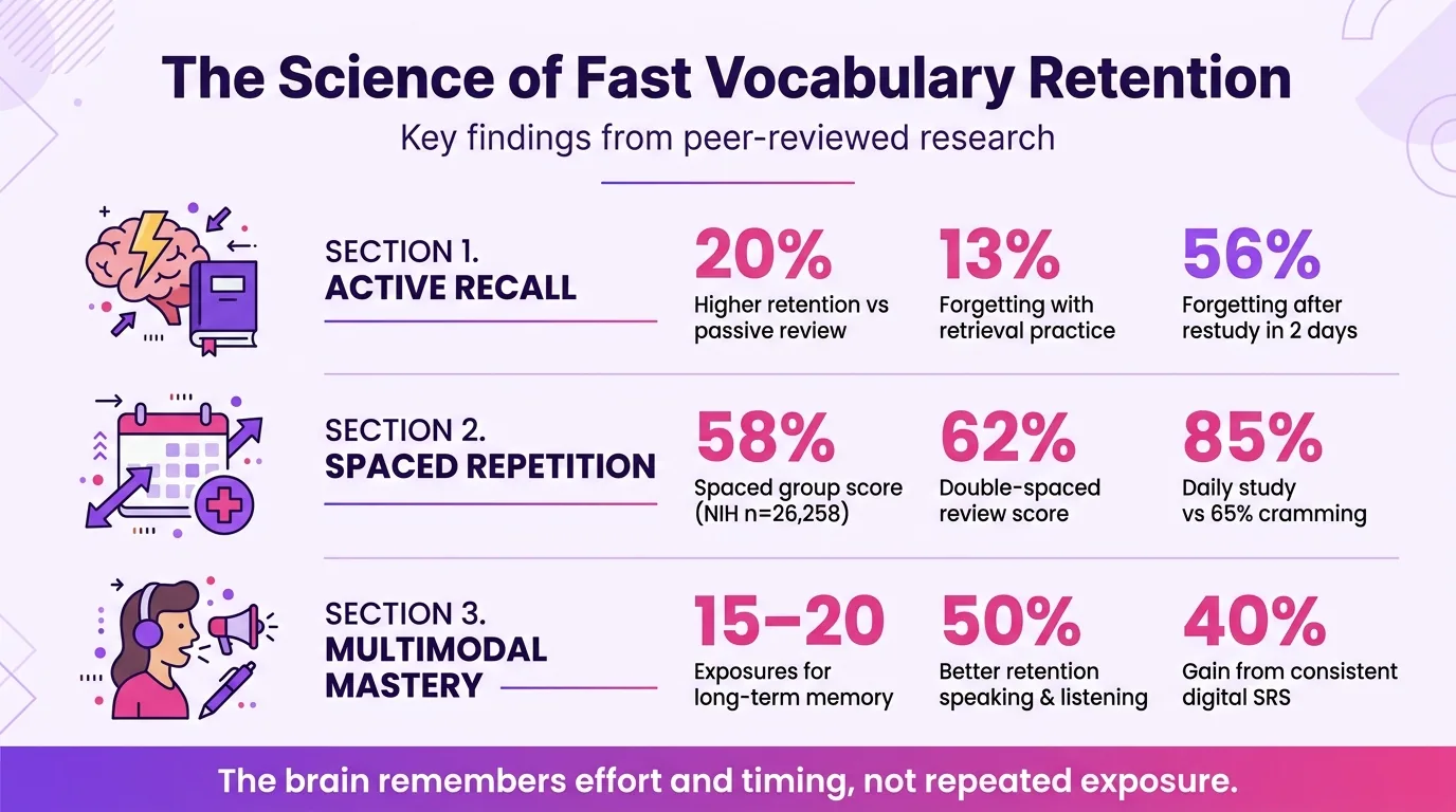 Infographic: key retention statistics — 56% forgetting after restudy vs 13% with retrieval practice, 15–20 exposures per word, 50% multimodal boost